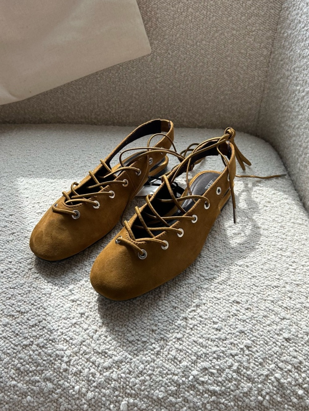 Zara Suede Lace-Up Ballet Flats in Mustard